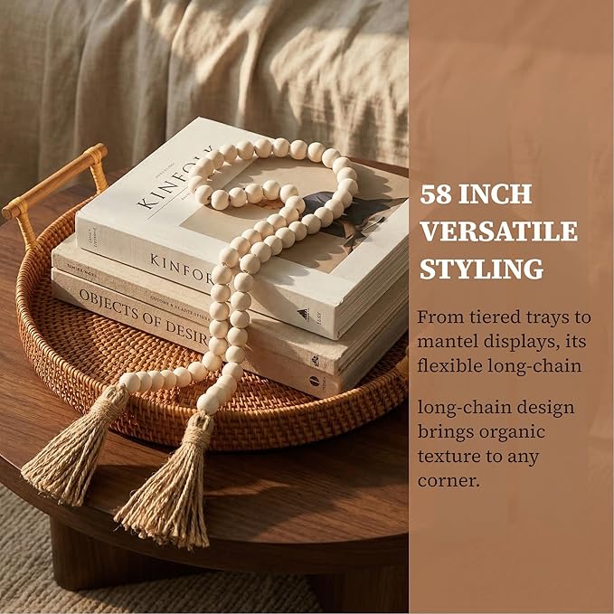 Farmhouse Beads 58in Wood Bead Garland with Tassels