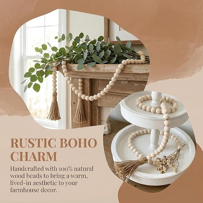 Farmhouse Beads 58in Wood Bead Garland with Tassels